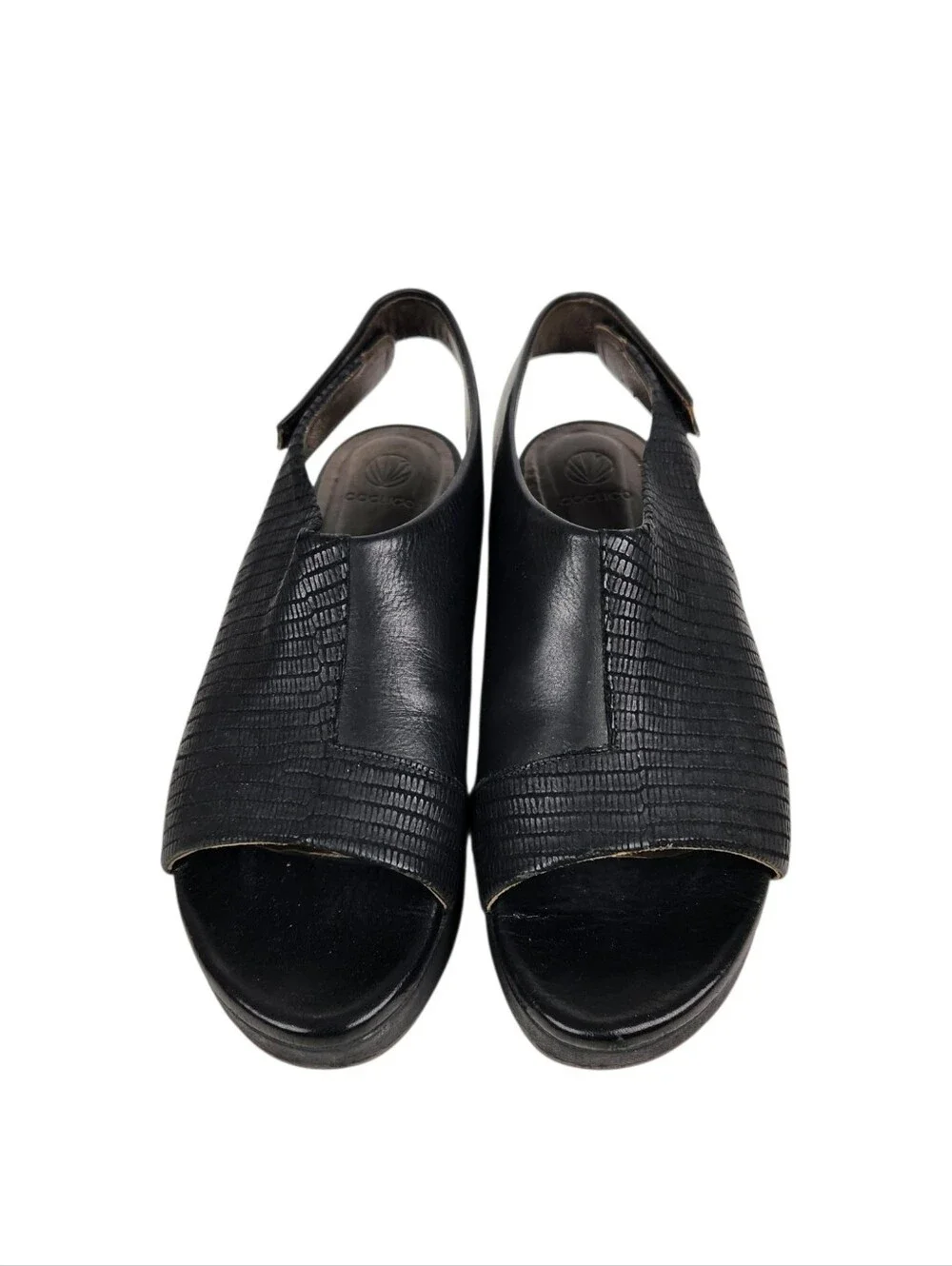 Coclico Black Leather Snakeskin Emboss Slingback Platform Sandal Womens Size 8.5